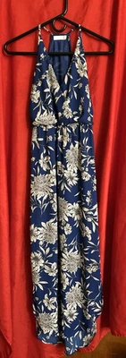 Vestido Largo LUSH XS Floral Tropical Azul con Aberturas Laterales Sin Mangas Flores Blancas Foto 1 de 4