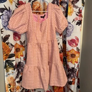Simply Southern Puff Sleeve Tweed Pink & Gold Dress Woman’s Size Large - Picture 1 of 7