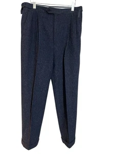 Paul Frederick Wool Flannel Pants Blue Heather Pleated Cuffed Mens Size W34X30L - Picture 1 of 8
