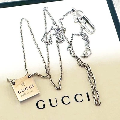Gucci Sterling Silver Square Plate Chain Necklace Pendant Jewelry From Japan - Image 1 of 4