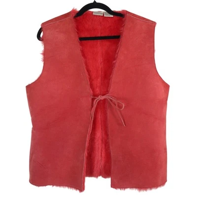 Colete de couro vintage anos 90 camurça vermelha ferrugem forrado de pele gravata Newport News feminino grande - Imagem 1 de 4