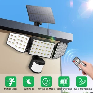 400lm Solar LED Flood Light 3 Head Motion Sensor Remote Control Outdoor Lamp - Picture 1 of 12