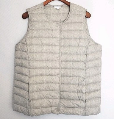 J Jill Down Puffer Vest Down Sleeveless Snap Button Herringbone Cream Tan XL - Image 1 of 4