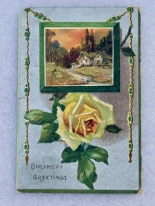 Antique 1909 Posted Embossed Cottage & Rose Birthday Greetings Postcard - Picture 1 of 2