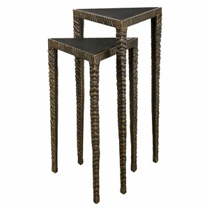 Modern Triangular Bronze Iron Accent Table Set 2 Nesting Black Lava Top Ribbed - Picture 1 of 5