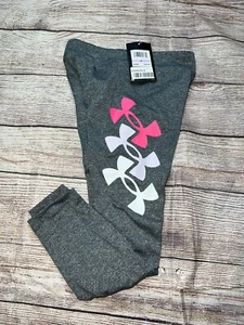 Under Armour Little Girls Gray Athletic Leggings Pink Logo NEW - Picture 1 of 2