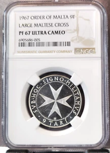 1967 ORDER OF MALTA 9 TARI LARGE MALTESE CROSS NGC PF 67 ULTRA CAMEO RARE - Picture 1 of 3