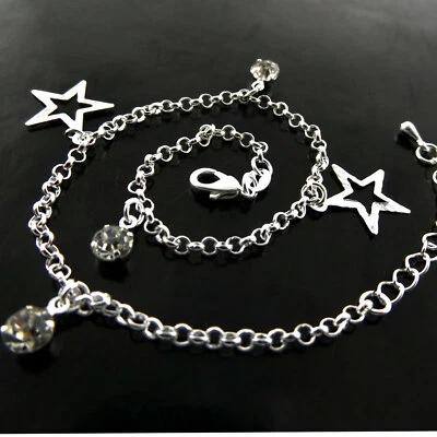 Anklet XL Bracelet Real 925 Sterling Silver S/F Ladies Star & Bead Link Design - Image 1 of 3