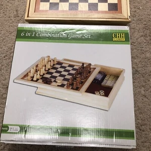 6 in 1 Wooden Game Box Chess Checkers Dominoes Backgammon Cards Poker Dice - Picture 1 of 4