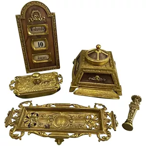 Set scrivania cinque pezzi in ottone inizio XX secolo - Foto 1 di 12