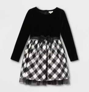 Girls' Velour Buffalo Plaid Long Sleeve Dress - Cat & Jack Cream/Black XS (4/5) - Picture 1 of 1