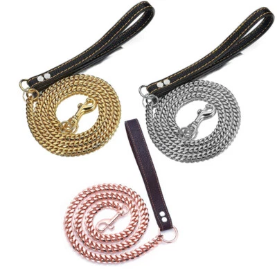Heavy Duty Chain Dog Leash Pet Leash Gold Plated Cuban Chain Link Leather Handle - Image 1 of 4
