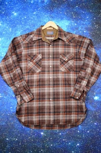 Vintage Pendleton Shirt Mens Large Brown Plaid Wool Pearl Snap Western USA - Picture 1 of 9