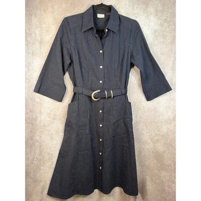 VTG White Stag Womens Textured Navy Pinstripe Belted Midi Shirt Dress Size Small - Image 1 of 4