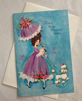 Vintage French Poodle & Girl w/ Parasol Get Well Greeting Card w Envelope - Image 1 of 4