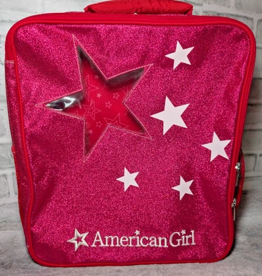 Mochila porta muñecas American Girl roja baya rosa brillo estrella ventana 14" x 12" Foto 1 de 4
