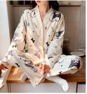 Kuromi Pajamas Set Cream AOP Long Sleeves & Pants Soft Linen Loungewear US Large - Picture 1 of 15
