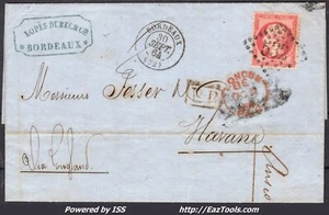 FRANCE N° 24 SUR LETTRE POUR LA HAVANE AVEC GC 532 + CAD BORDEAUX DU 30/09/1864 - Picture 1 of 2