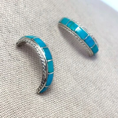 Pendientes de aro turquesa de la Bella Durmiente Zuni de plata esterlina Chaco Canyon - Nuevos en caja Foto 1 de 4