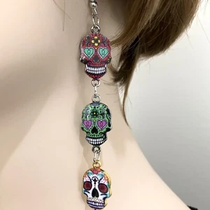 Lustiger Sugar Skull Schmuck-Ohrringe-Dia de los Muertos-Handarbeit für den Alltag - Bild 1 von 22