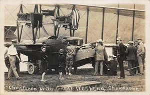 Hammondsport NY Early Airplane "América" Gran Bautizado Western Champagne RPPC - Imagen 1 de 2