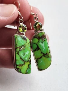 GREEN COPPER TURQUOISE .925 STERLING SILVER EARRINGS 2 1/8 " LONG, 12 GRAMS - Picture 1 of 5