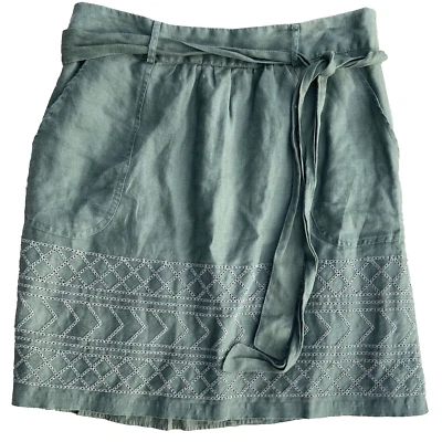 Falda BANANA REPUBLIC Lino Bordada Bolsillos con Cinturón Hasta la Rodilla Mujer 2 Verde Foto 1 de 4
