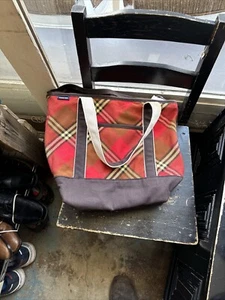 Lands’ End Canvas Tote Bag Red Orange Yellow Brown Plaid Open Top - Picture 1 of 2