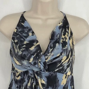 ASOS Petites Womens 4P Sleeveless Dress Blue Yellow Gray Watercolor Front Slit - Picture 1 of 9
