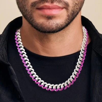 925 Пробы кубинский ссылка цепочка с розовой эмалью - Мужская хип-хоп заявление - Изображение 1 из 4