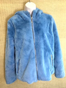 Jz Woman's Blue Faux Fur Coat Jacket Size Large Hooded - Picture 1 of 7