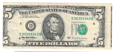 U.S. - Series 1995 $5.00 Federal Reserve Note (Front Shifted Error) - Image 1 of 2