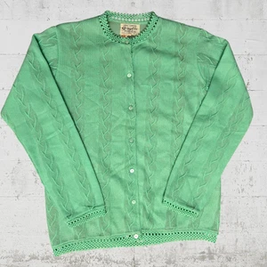 60s Vintage Pastel Green Acrylic Crewneck Crochet Cardigan Sweater Size Large - Picture 1 of 7
