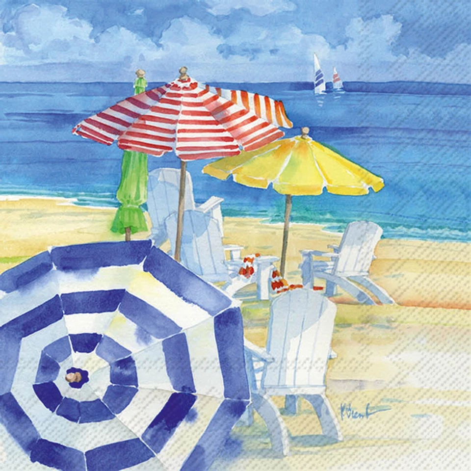 Boston International Vacation Themed Cocktail Napkin, Watercolor Beach - Image 1 of 1
