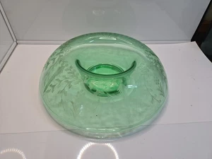 Vintage Green Glass Rolled Edge Etched Bowl 12" - Picture 1 of 3
