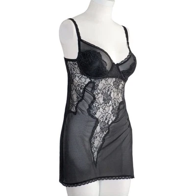 Camisola Babydoll Fredericks of Hollywood Vintage Borde de Encaje Transparente Slip Negra Y2K Foto 1 de 4