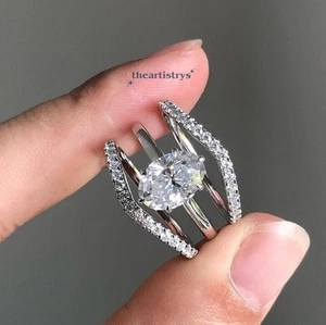 Moissanit Trio Set Verlobungsring massiv 14K Weißgold 2,80 ct Ovalschliff F/VVS1 - Bild 1 von 7