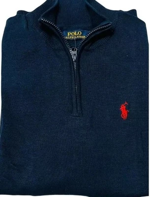 Men’s Polo Ralph Lauren Quarter-Zip Jumper Full Sleeve Dark Navy Blue, Large,L