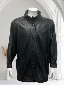 Vintage Pelle Jet Nero Vera Pelle Foderato Spolverino Giacca Lunga Trench Cappotto XL - Foto 1 di 13