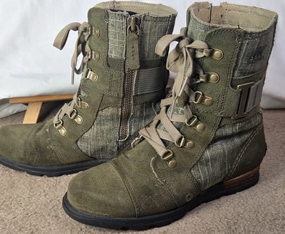 Botas Sorel Major Carly Olive Combat Lona Gamuza Cremallera NL 2158-383 Mujer Talla 6 Foto 1 de 4