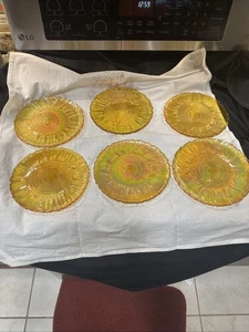 Vintage Marigold Iridescent Carnival Sunflower Plates 8” Lunch Salad Set of 6 - Picture 1 of 13