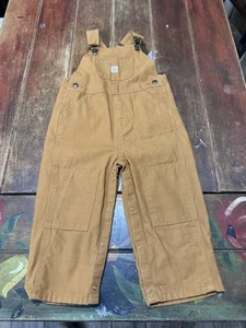 Vintage Carhartt Flannel Lined Bib Overalls Baby Size 24M Brown Double Knee Farm - Picture 1 of 8