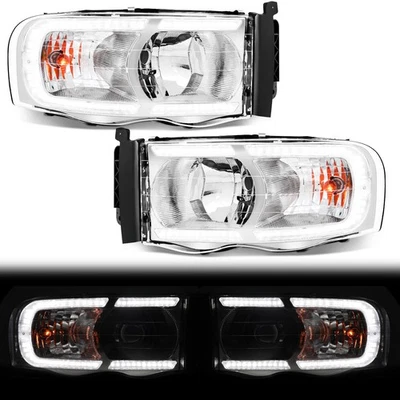 LED DRL Headlights For 2002-2005 Dodge Ram 1500 2500 3500 Chrome Headlamps LH+RH - Image 1 of 4