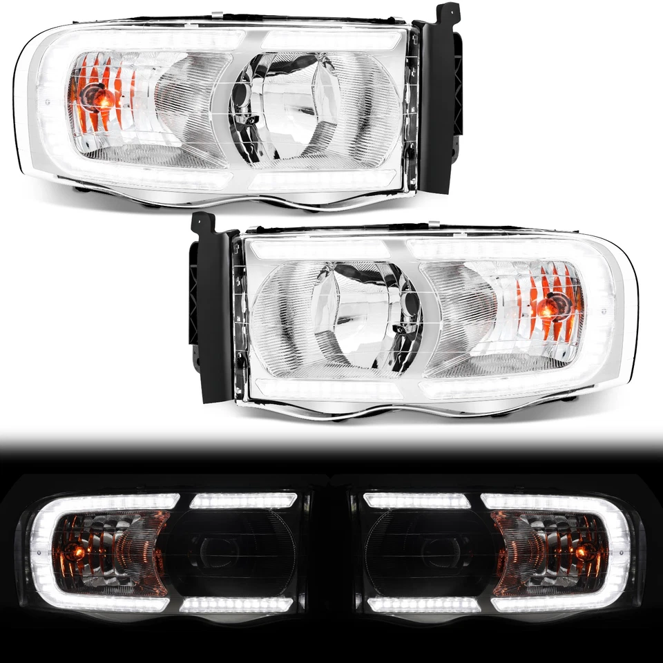 LED DRL Headlights For 2002-2005 Dodge Ram 1500 2500 3500 Chrome Headlamps LH+RH - Image 1 of 4