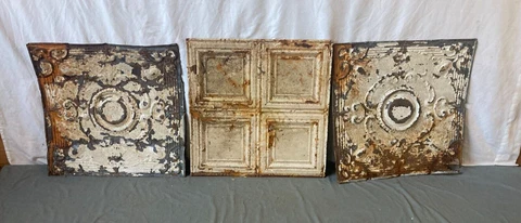 Lot of 3 Antique Tin Ceiling  2' x 2' Shabby Tile 24" SQ Chic VTG Crafts 139-23A Cover