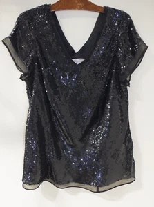 C21 Adrianna Papell Evening Essentials Schrägschnitt TOP 1X schwarz Perlen Pailletten künstlerisch - Bild 1 von 9