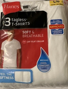 Hanes T-Shirts Men's Large 42-44 White Tagless Cotton Crew 3 Pack - Picture 1 of 2