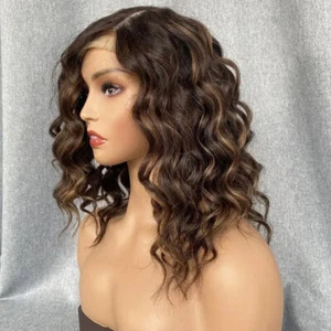 Brown Highlight Blonde Brazilian Remy Hair 5x5 PU Silk Base Closure Wig Wavy 4X4 - Picture 1 of 12