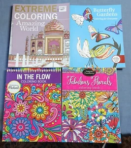 4 ADULT COLORING BOOKS, FLORALS, BUTTERFLY GARDENS, AMAZING WORLD LIKE NEW SC - Picture 1 of 7