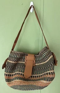 Woven Striped African Sisal Market Bag Bucket Boho Hippie Tote Leather Strap - Picture 1 of 10